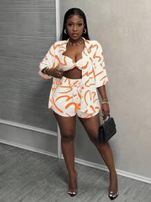 Slaydiva Ensemble composé d'un débardeur court avec nœud tressé à imprimé tout-sur-tout, d'un short moulant à sangles croisées, et d'une chemise à manches courtes à devant ouvert - Orange - Voir 4