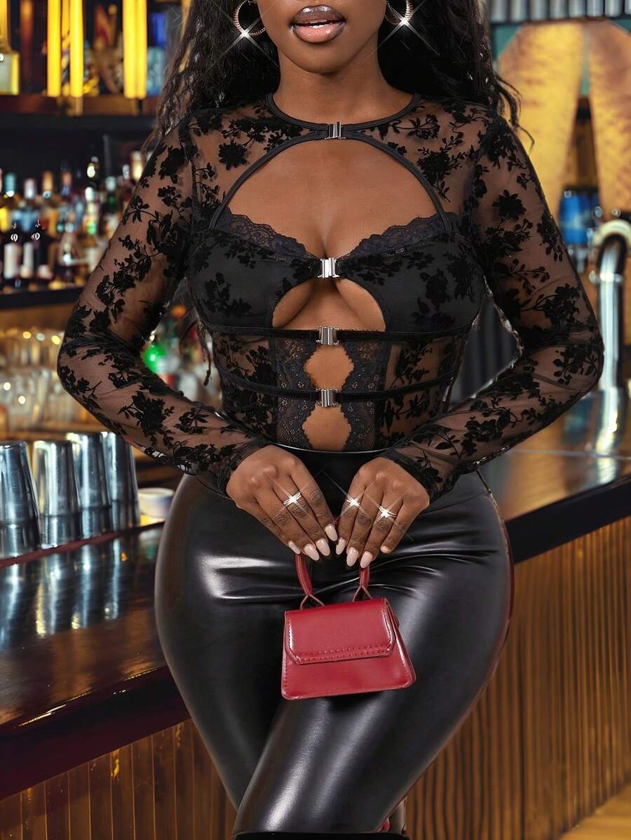 Slaydiva Women's Sexy Hollow-Out Metallic Lace Bodysuit, Suitable For Christmas, New Year, Valentine's Day, Party, Date, Daily Wear, All Season - Black - View 1