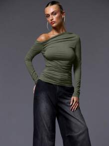 MUSERA Asymmetrical Neck Ruched Long Sleeve Top Casual Holiday , Autum, Winter, - Army Green - View 1