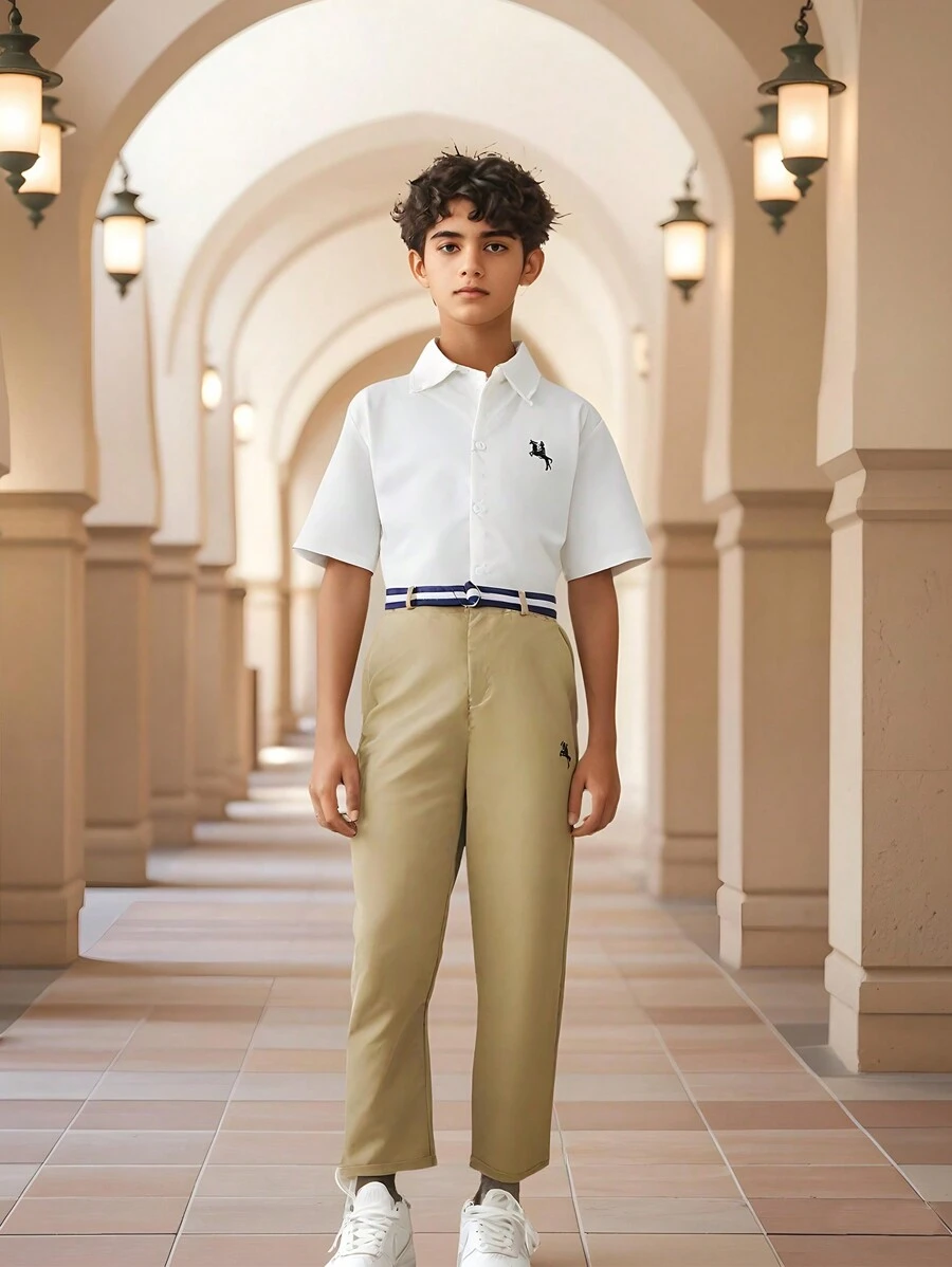 SHEIN 2 Pieces Set Teen Boy Gentleman Outfit - White Short Sleeve Shirt + Beige Long Pants, Business Elegant School Academy Stylish Suit Casual Daily Party Wear - Multicolor - View 1