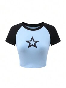 SHEIN Y2K Raglan Sleeve Five-Pointed Star Print Cropped T-Shirt For Teen Girls - Baby Blue - View 1