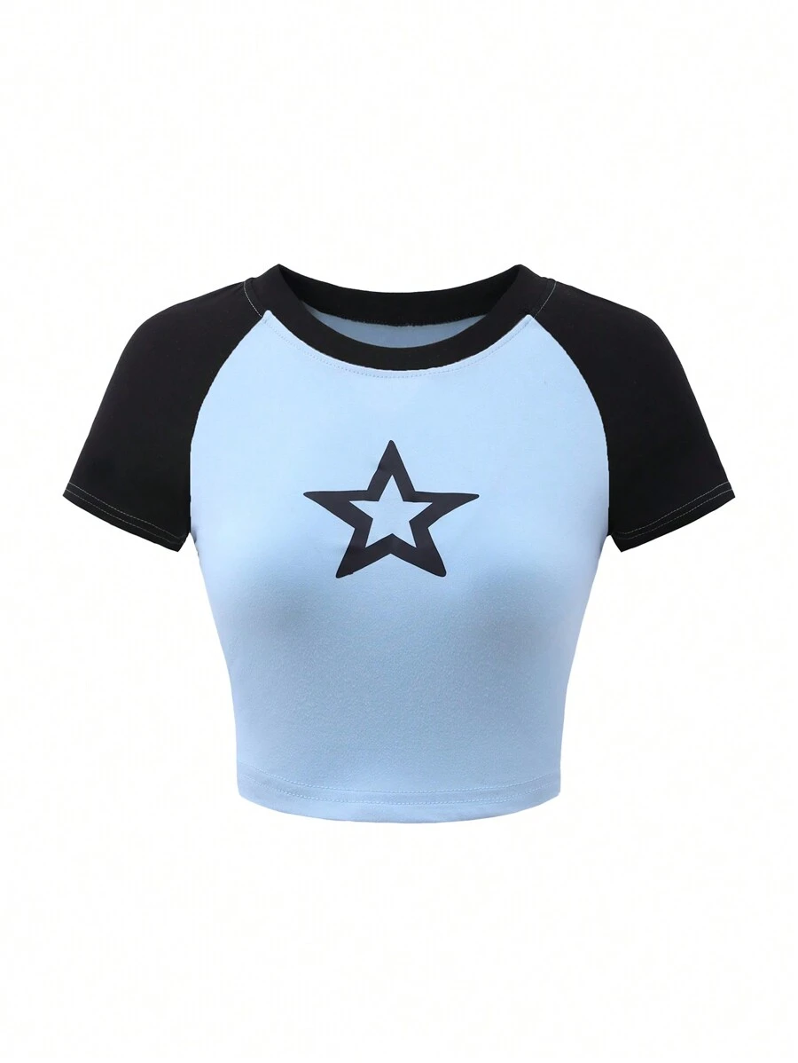 SHEIN Y2K Raglan Sleeve Five-Pointed Star Print Cropped T-Shirt For Teen Girls - Baby Blue - View 1