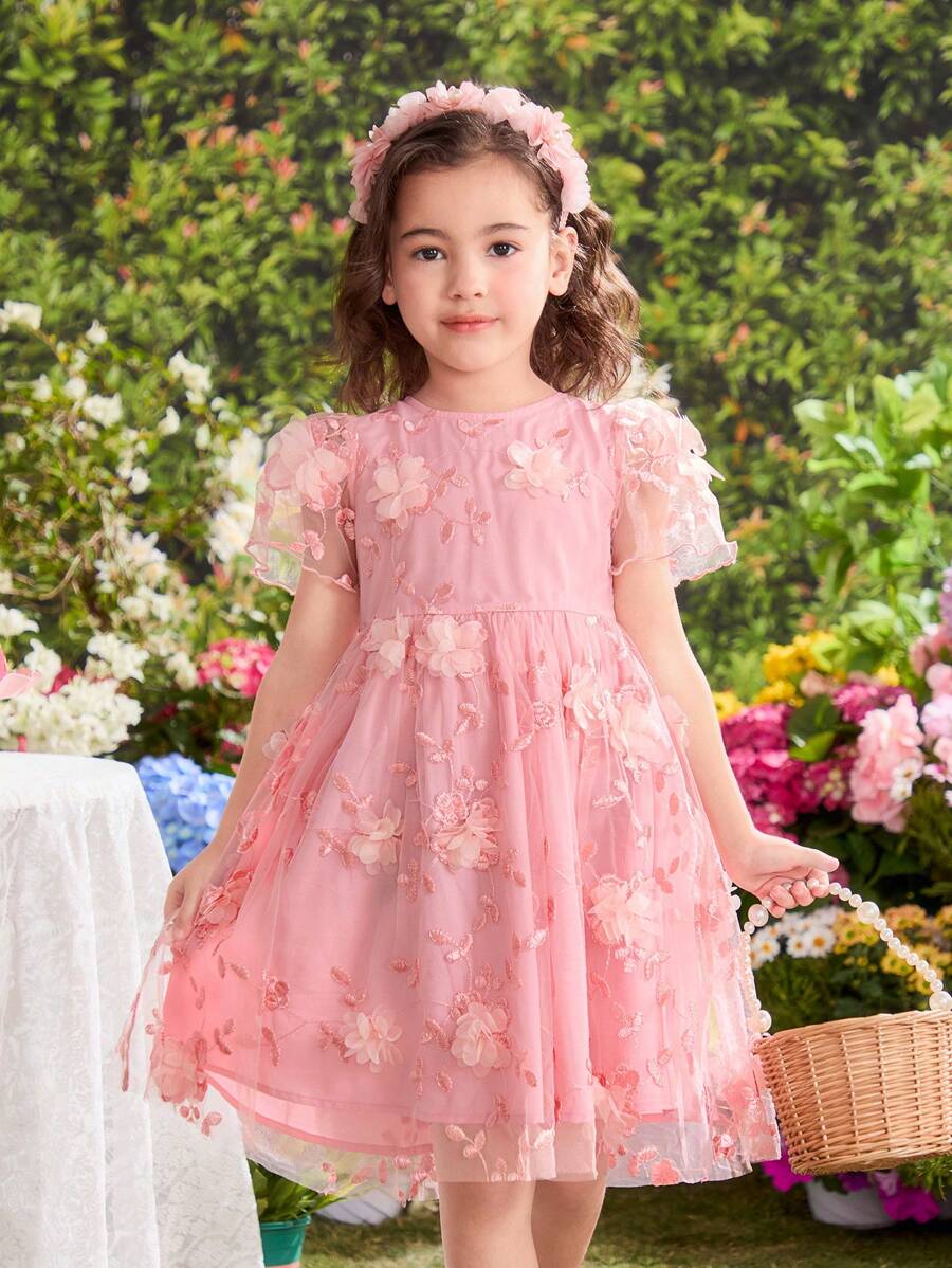 Young Girl Jacquard Floral Mesh Bodice Dress - Pink - View 1