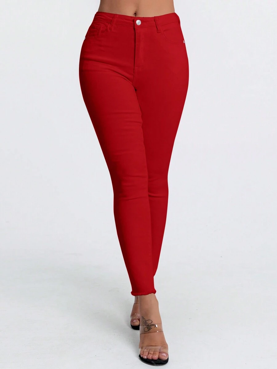 SHEIN SXY 女士口袋紧身休闲百搭牛仔裤，红色裤子 - 紅色 - 查看 1