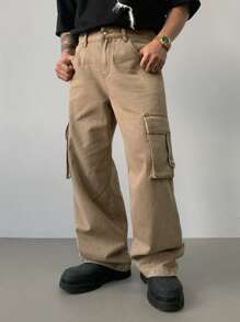 DAZY Autumn Solid-Color Khaki Cargo Pocket Men's Jeans - Khaki - View 8