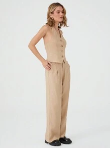 SHEIN EZwear Conjunto de traje de color albaricoque para mujer - Albaricoque - Ver 3