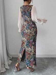 Modelyn Women's Multi-Color Patchwork Print Chiffon Square Neck Waistline Bodycon Long Sleeve A-Line Dress, Elegant