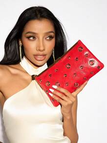 SHEIN SXY Ladies, Women Clutchs, Crossbody Bags, Fashionable, Elegant, Simple, Personalized, Versatile, Classic, Red, Rivets, For Commute, Office, Date, Daily, Shopping, Afternoon Tea, Cocktail Party, Party, Prom, Club, Date, Birthday, Evening, Date Nigh, Ball, Valentine's Day - Red - View 7