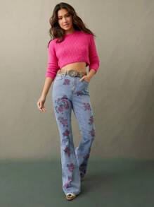 WESTFADE 高腰牛仔乡村花卉印花修身喇叭裤牛仔裤春假音乐节