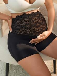 Maternity High Waist Lace Patchwork Briefs - Black - View 3