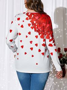 EMERY ROSE Plus Size Women Heart Print Round Neck Long Sleeve Casual T-Shirt,Valentine's Day,Heart,Spring/Summer