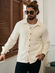 Manfinity CasualCool Men's Solid Color Button Front Long Sleeve Pocket Casual Shacket,Fall Men Clothes,Beige Flannel Thermal Shacket - Apricot - View 6