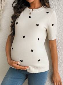 SHEIN Maternity Heart Pattern Round Neck Short Sleeve Casual Knit Top - Beige - View 3
