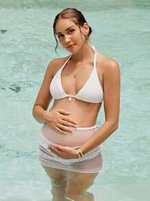 SHEIN 3pcs Maternity Solid Color Sexy Halter Bikini Swimwear Set, Special Fabric For Pool & Beach For Summer Beach Vacation - White - View 1