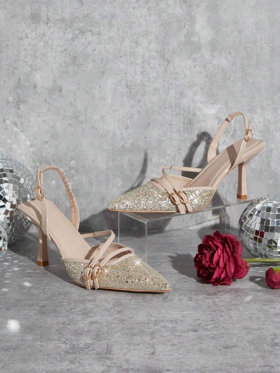 SHUZIA Giày cao gót mũi nhọn cho nữ, phù hợp với mọi loại váy, giày quai cài sau thời trang cho ngày lễ năm mới, ngày lễ tình nhân - Nhiều màu - Xem 1