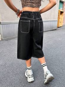 SHEIN Teen Girl Y2K Contrast Line Black Loose Fit Denim Pants,Kid Girls Spring And Summer Casual Vacation Country Boho Wear, Beach Outfits For Kid Girls,Western Street Wear For Girl , Spring Break Rave Outfits Festival Outfits - Black - View 2