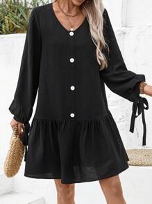 Breezaya Women Plain Color Button Lantern Sleeve Ruffle Hem Casual Dress Fall Cloth For Women - Black - View 4