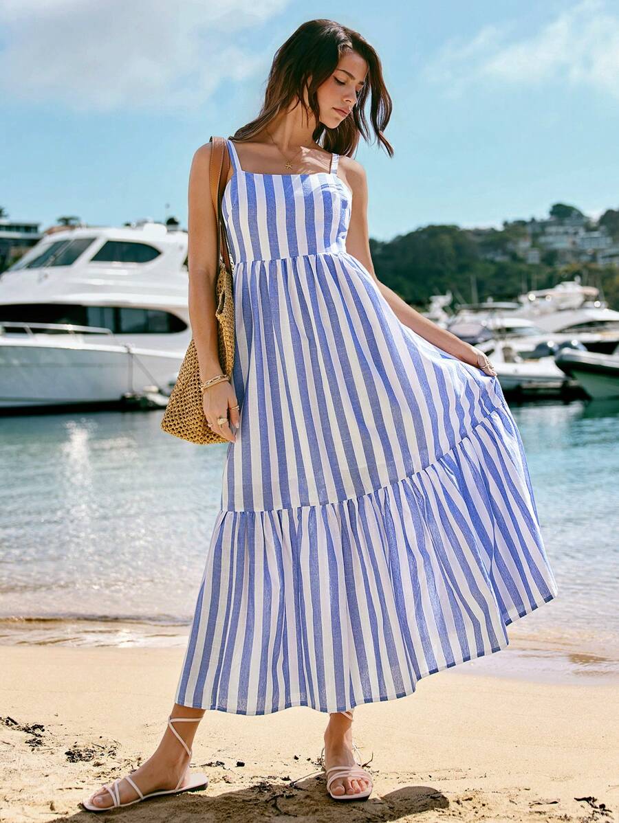 SHEIN VCAY 女式休闲长款条纹荷叶边吊带连衣裙 - 藍白色 - 查看 1