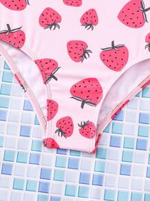 SHEIN LMoss Kids Young Girl Cute Cartoon Strawberry Print Ruffled Cap Sleeve One-Piece Swimsuit, Spring/Summer