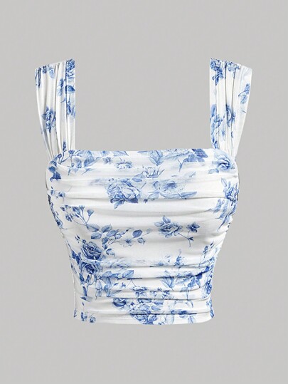 Girlism Teen Girls Square Neck Blue And White Floral Print Slim Fit Pleated Elegant Charm Tank Top,Fall Clothes,Halloween Clothes,Renaissance Top,Renaissance Fair