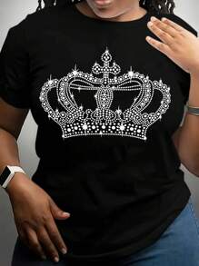 Maweii Große Größen Rundhals Lässig Kurzarm T-Shirt mit Kronen Grafik-Muster - Schwarz - Übersicht 1