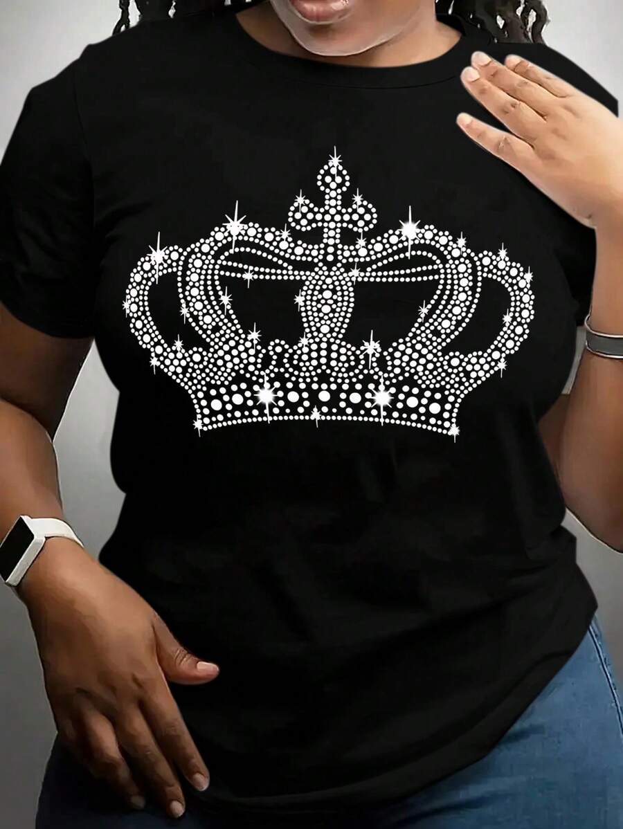 Maweii Plus Size Crown Graphic Print Round Neck Casual Short Sleeve T-Shirt - Black - View 1