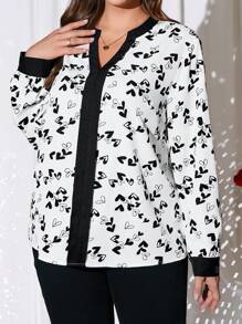 EMERY ROSE Plus Size Valentine's Day Plain Splicing Cutout V-Neck Long Sleeve Casual Shirt,Heart,Spring/Summer - Multicolor - View 5
