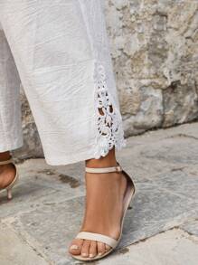 Linhara Plus Size Casual Linen Patchwork Embroidery Floral Hem Long Pants - White - View 4