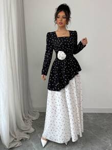 Chiquease Women's Square Neck Patchwork Ditsy Floral Long Dress, Elastic Waist, Suitable For Spring & Autumn - Multicolor - View 4