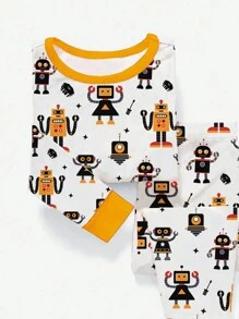 Boys' Casual Cute Robot Print Tight-Fitting Round Neck Long Sleeve Pajama Set, Autumn/Winter