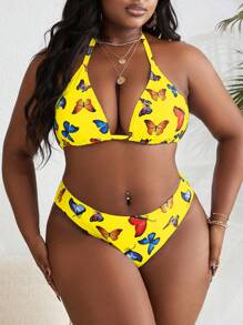 Slaydiva 夏季大码女式 3 件蝴蝶印花活泼性感露背 3 杯比基尼搭配短裤，海滩度假休闲泳装 - 黃色 - 查看 5