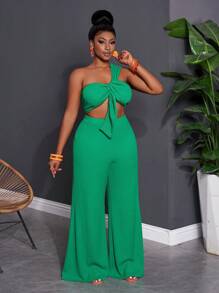 Slaydiva Spring & Summer Elegant Sexy Vacation Set: Fitted Solid Green Sleeveless Knotted Crop Top And Extra Long Wide Leg Pants, Translucent Knitted Fabric, 2pcs Plus Size Women Outfit - Z - Green - View 7