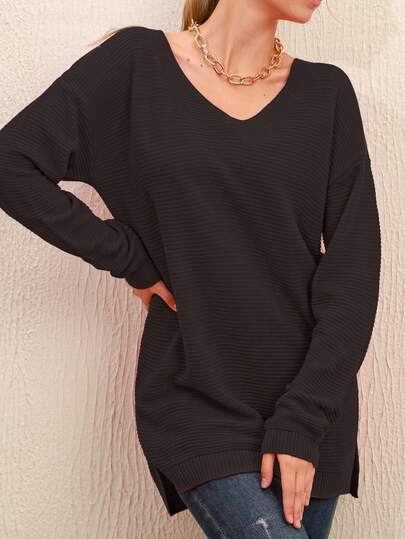 SHEIN Cottnline Women's Solid Color V-Neck Long Sleeve Casual Sweater, Pullover, Autumn/Winter