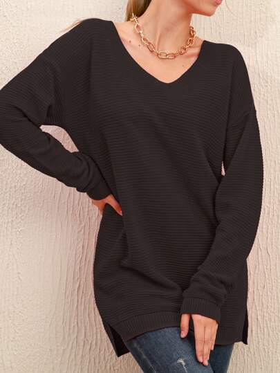 EURMUSE Women's Solid Color V-Neck Long Sleeve Casual Sweater, Pullover, Autumn/Winter