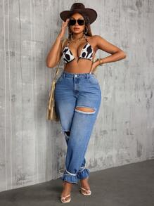 SHEIN SXY Plus Size Women Distressed Pocket Loose Casual Jeans - Blue - View 3