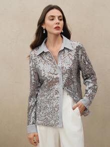 Anewsta 女士优雅现代灰色亮片镂空透明领衬衫，适合情人节、新年、春夏季、约会之夜 - 灰色 - 查看 4