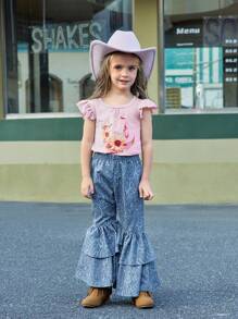 Wildeya Camiseta con estampado floral y lunar, y mangas con volantes para niñas jóvenes, color rosa, dulce y bonita, adecuada para actividades diarias, salidas y eventos sociales, colección de primavera/verano para el Ramadán