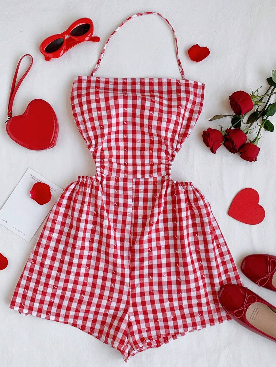 Comfortcana Mono informal con cuello de halter a cuadros para mujer - Rojo - Ver 1