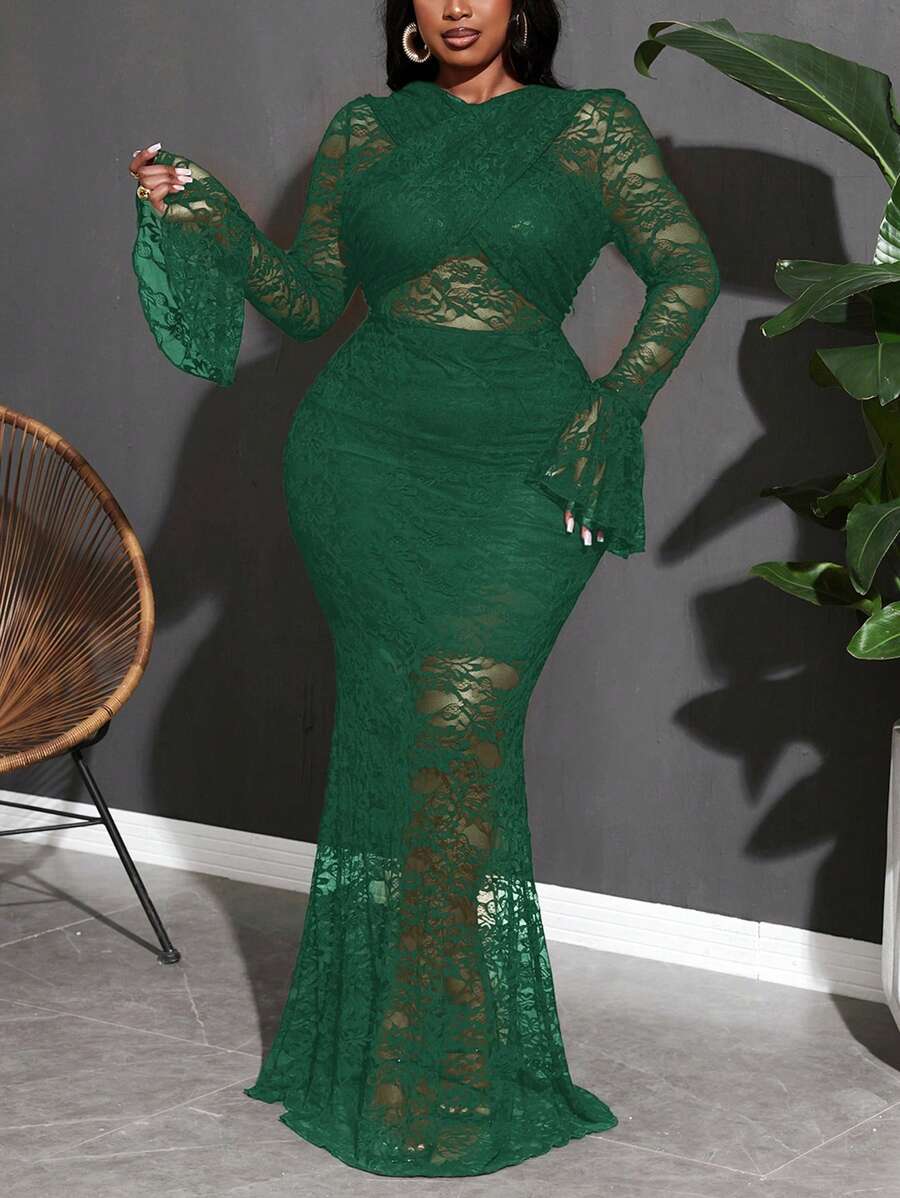 Slaydiva Women Solid Color Lace Elegant See-Through Dress - Green - View 1