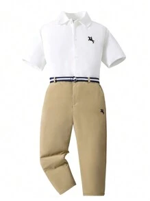 SHEIN 2 Pieces Set Teen Boy Gentleman Outfit - White Short Sleeve Shirt + Beige Long Pants, Business Elegant School Academy Stylish Suit Casual Daily Party Wear - Multicolor - View 3