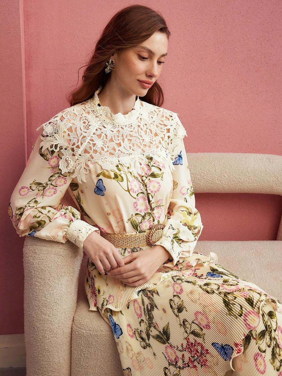 MOTF PREMIUM BLOUSE IMPRIMÉ FLORAL EN DENTELLE CONTRASTÉE - Multicolore - Voir 1