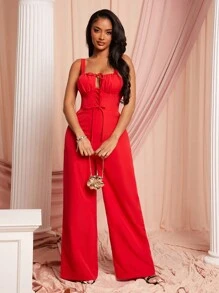 SHEIN SXY 女士红色系带连身裤，适合约会、派对、情人节 - 紅色 - 查看 3