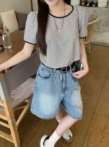 DAZY Women Crew Neck Striped Casual Puff Sleeve T-Shirt Cute Tops - Black and White - View 5