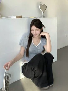 DAZY Women V-Neck Lace Patchwork Short Sleeve Simple T-Shirt, Casual For Daily Wear,Crop Tops Women - Grey - View 5