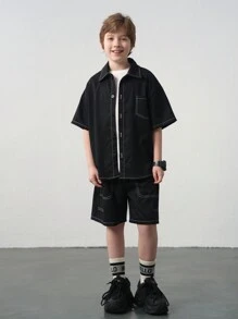 SHEIN Tween Boy Casual Korean Style Oversized Short Sleeve Shacket And Shorts 2pcs Set, Suitable For Commuting, School, Daily, Sports, Spring & Summer