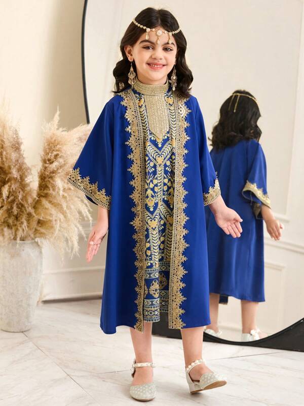 SHEIN DRMZ   2pcs Young Girl Set: Loose Casual Elegant Ribbon-Decor Cardigan & Fanciful Pattern Dress,Sibling Outfits,Sisters Outfit,Suitable For Girls Daily Wear, Festivals, Family Gatherings And Special Occasions,Suitable For Spring And Summer