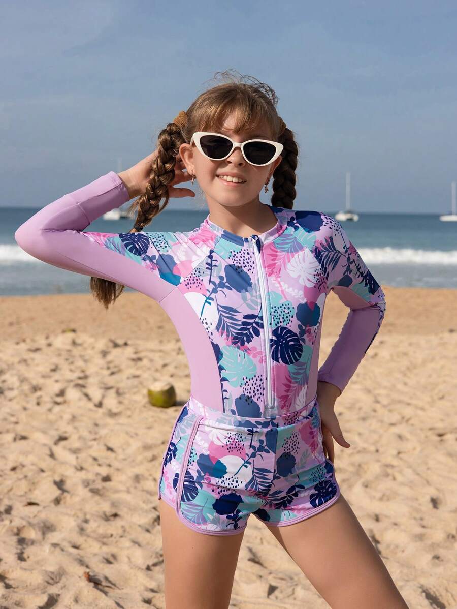 SHEIN Bộ đồ bơi liền thân dài tay in họa tiết cây nhiệt đới và hoa cho bé gái tuổi mới lớn 2 món - Màu tím - Xem 1