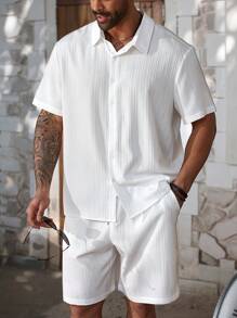 ResortEase Plus Size Men's Casual Solid Color Short Sleeve Shirt And Shorts Set