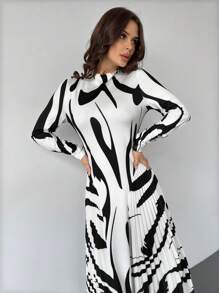 Firerie Women Elegant Autumn/Spring New Pleated Geometric Pattern A-Line Long Sleeve Bodycon Long Dress For Going Out,Teacher,Valentine's Day