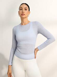 Activina Lace-Up Backless Sheer Long Sleeve Slim Fit Athletic T-Shirt - Blue - View 5